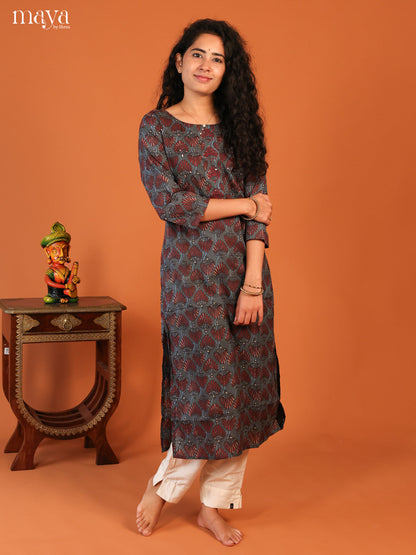 Grey Floral Printed Cotton Kurti