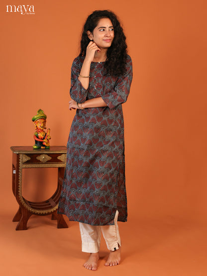 Grey Floral Printed Cotton Kurti
