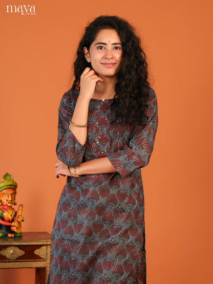 Grey Floral Printed Cotton Kurti