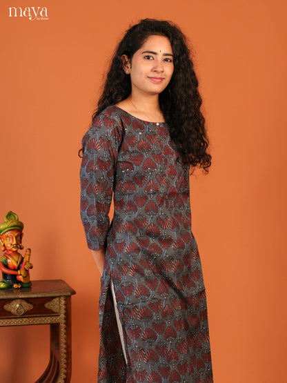 Grey Floral Printed Cotton Kurti