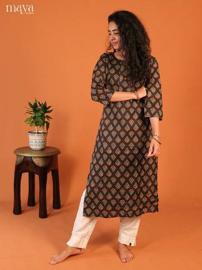 Floral Printed Browm Cotton Kurti