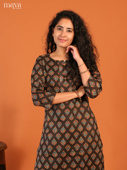 Floral Printed Browm Cotton Kurti