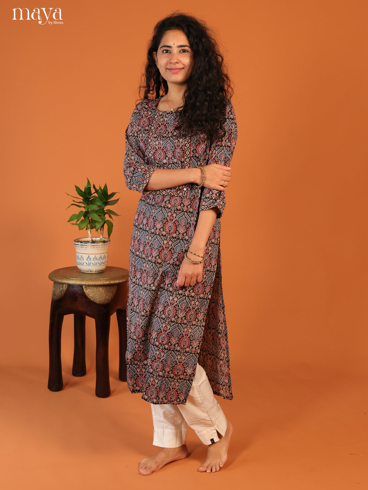 Floral Printed Black Cotton Kurti