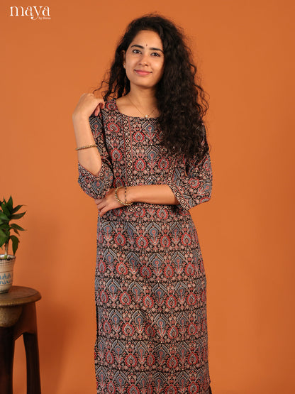 Floral Printed Black Cotton Kurti