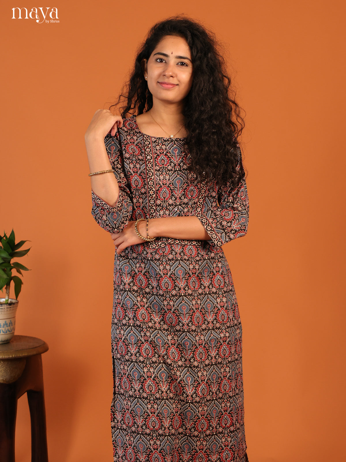 Floral Printed Black Cotton Kurti