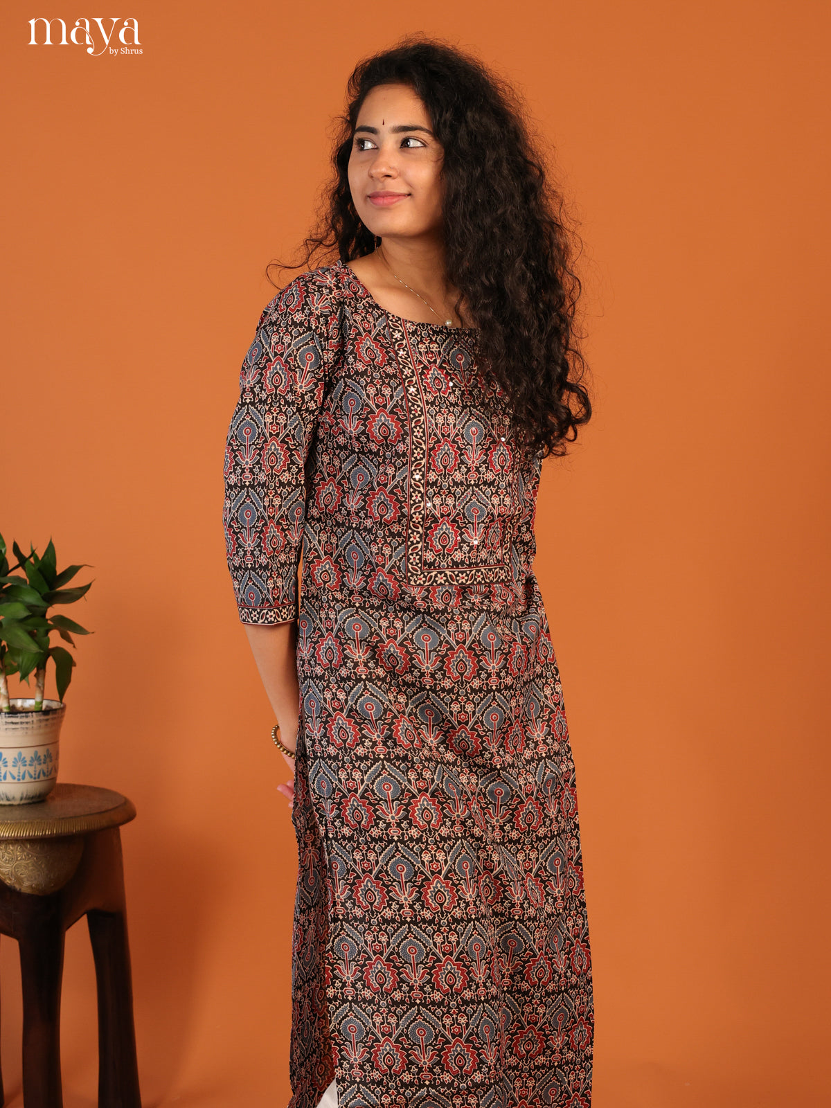 Floral Printed Black Cotton Kurti