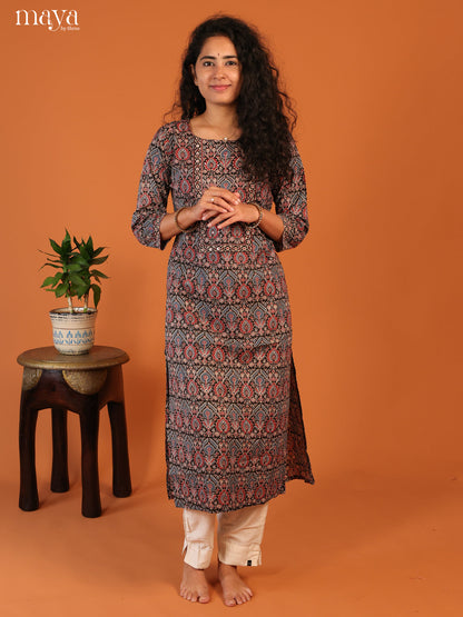 Floral Printed Black Cotton Kurti