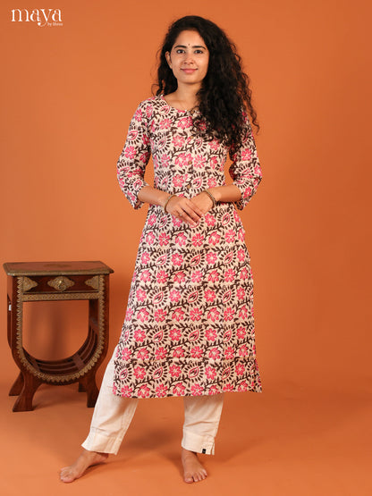 Cream Floral Printed Cotton Kurti