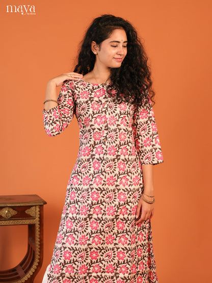 Cream Floral Printed Cotton Kurti