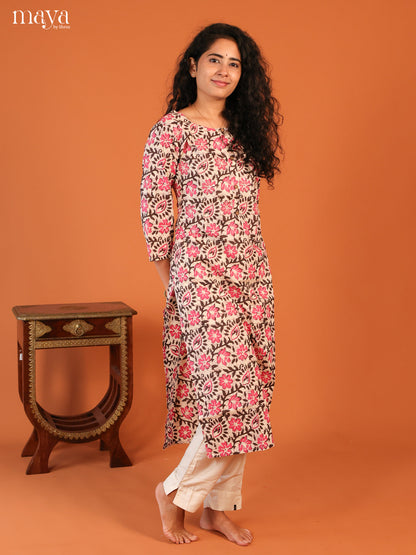 Cream Floral Printed Cotton Kurti