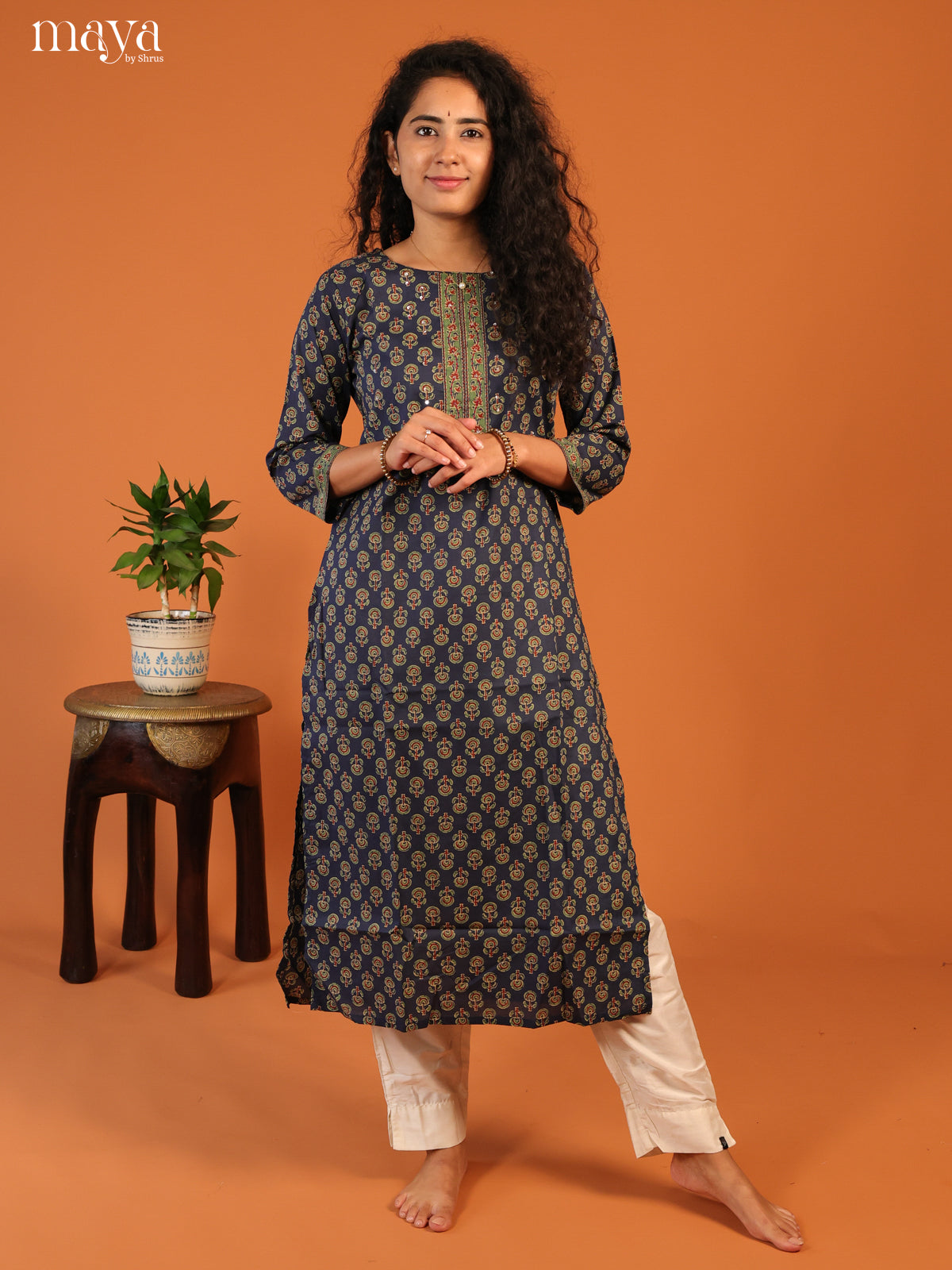 Blue Floral Printed Cotton Kurti