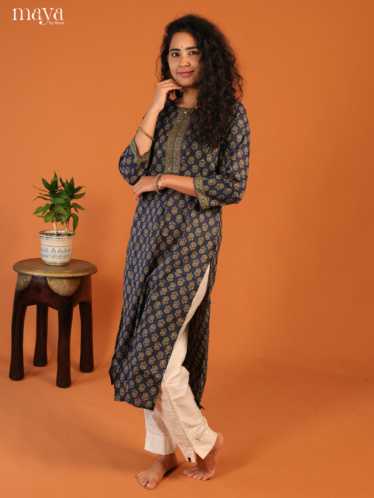 Blue Floral Printed Cotton Kurti