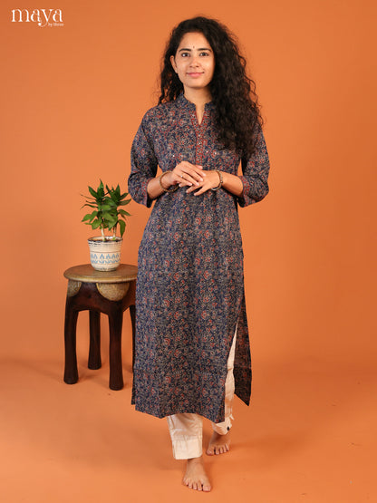 Blue Floral Printed Cotton Kurti