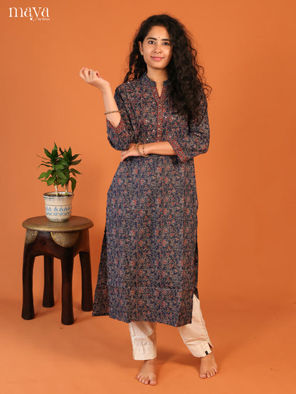 Blue Floral Printed Cotton Kurti