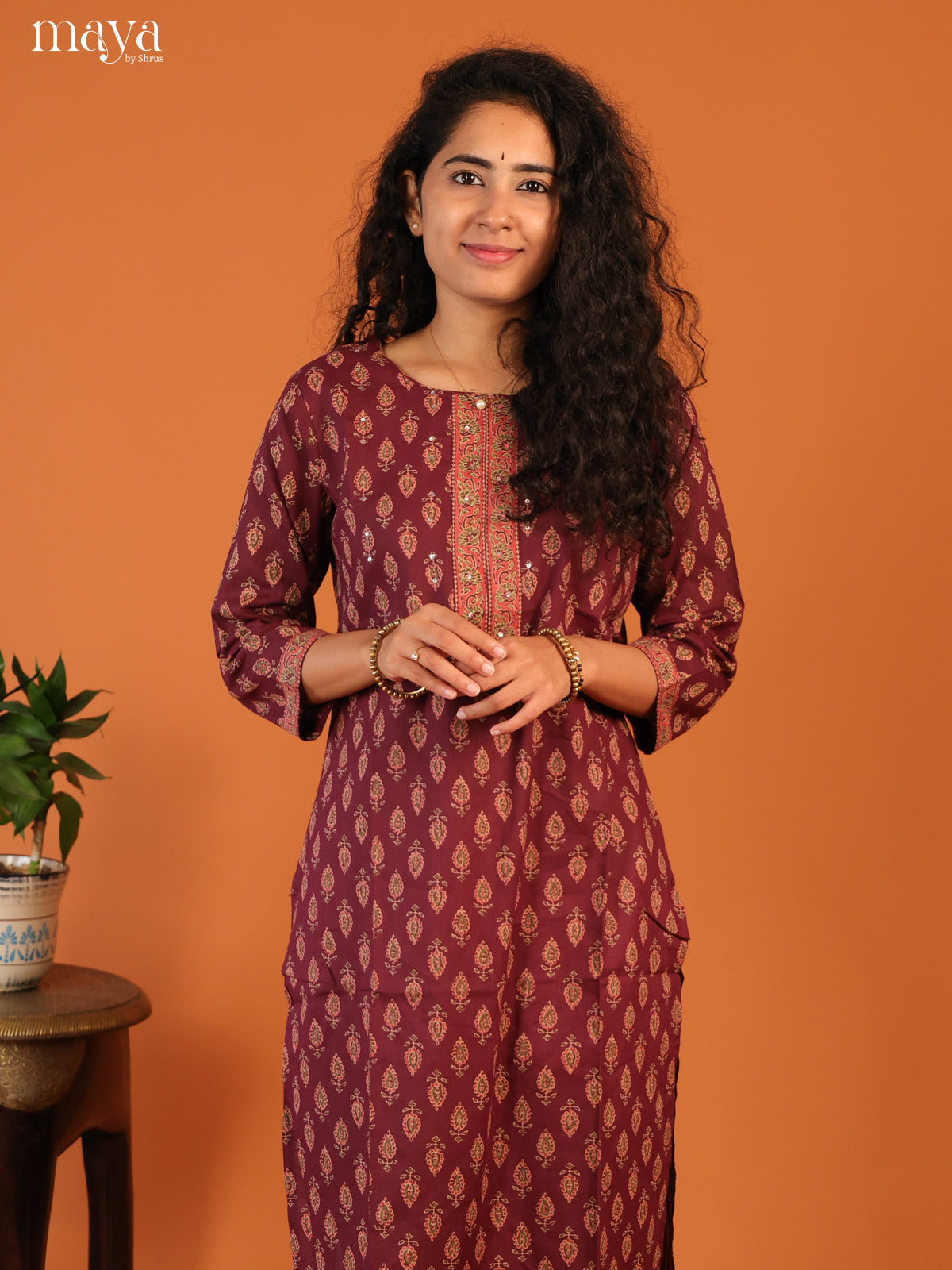 Magenta Floral Printed Cotton Kurti