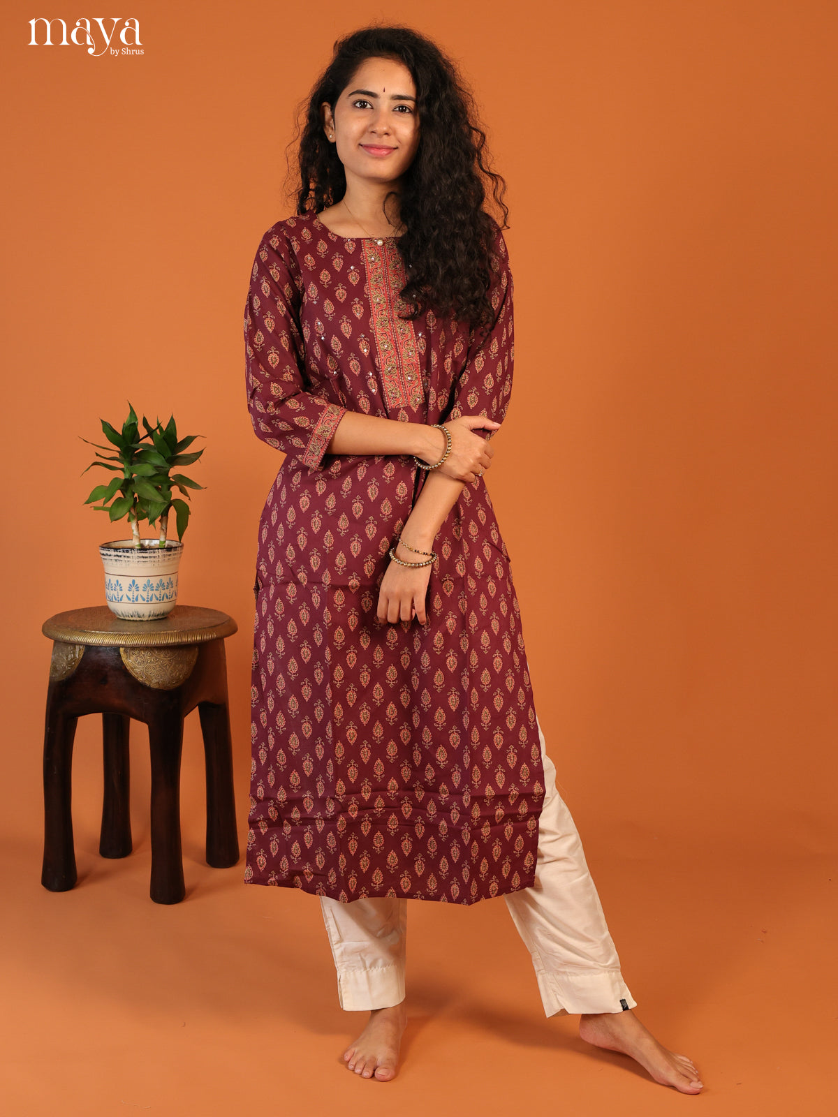 Magenta Floral Printed Cotton Kurti