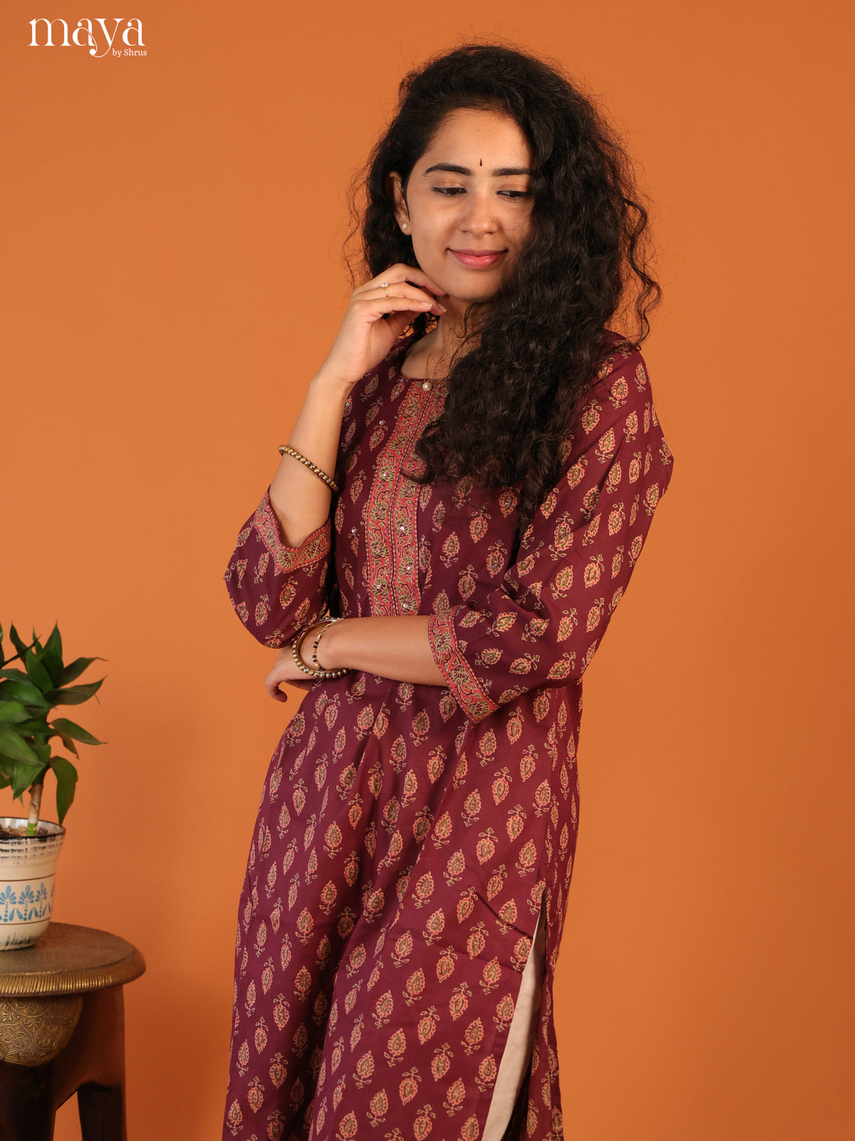 Magenta Floral Printed Cotton Kurti