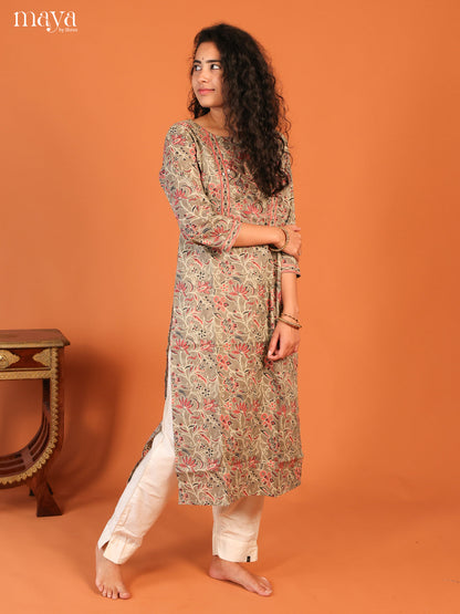 Grey Floral Printed Cotton Kurti
