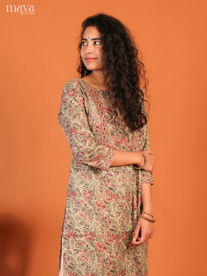Grey Floral Printed Cotton Kurti
