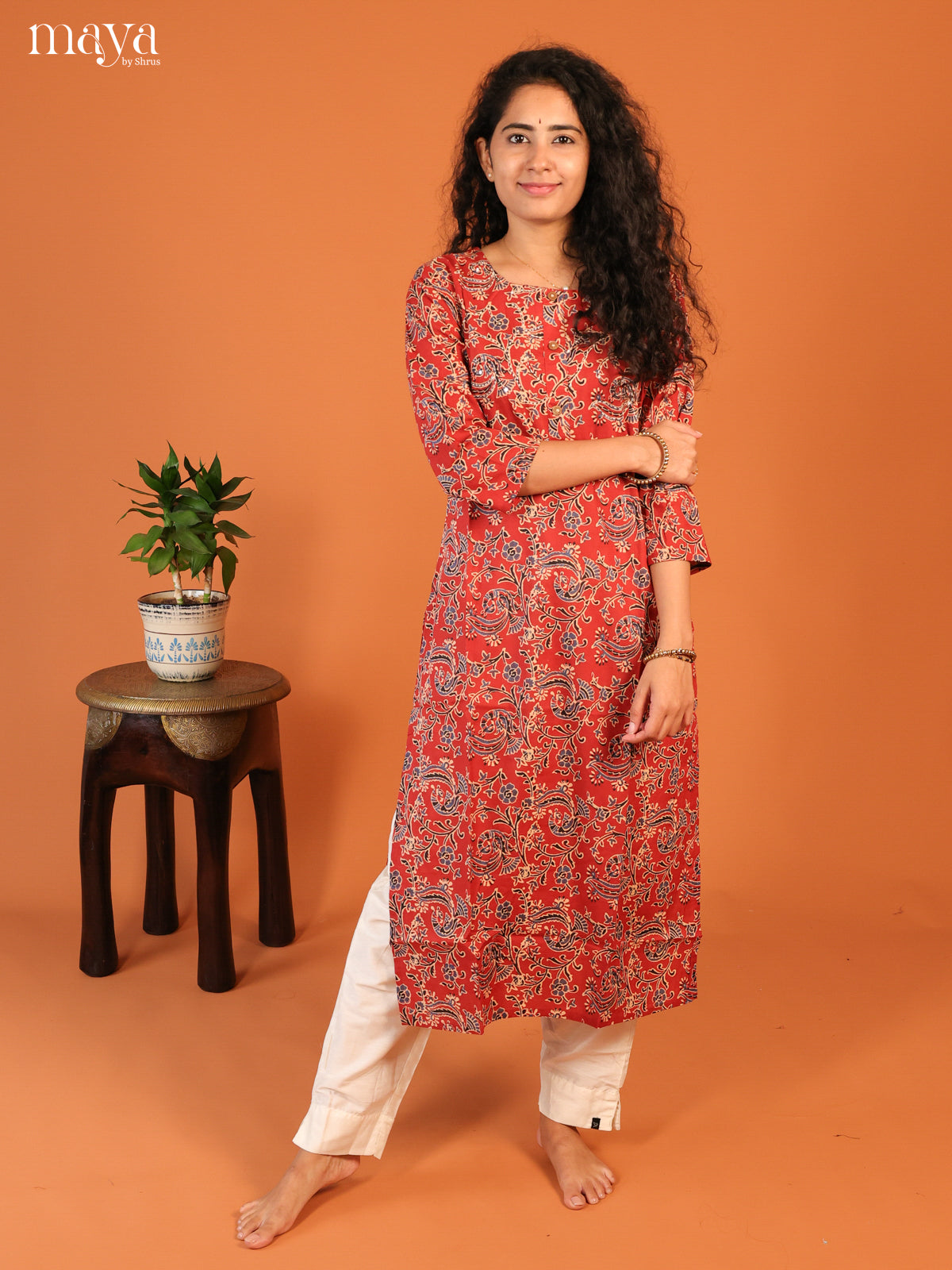 Maroon Floral Printed Cotton Kurti