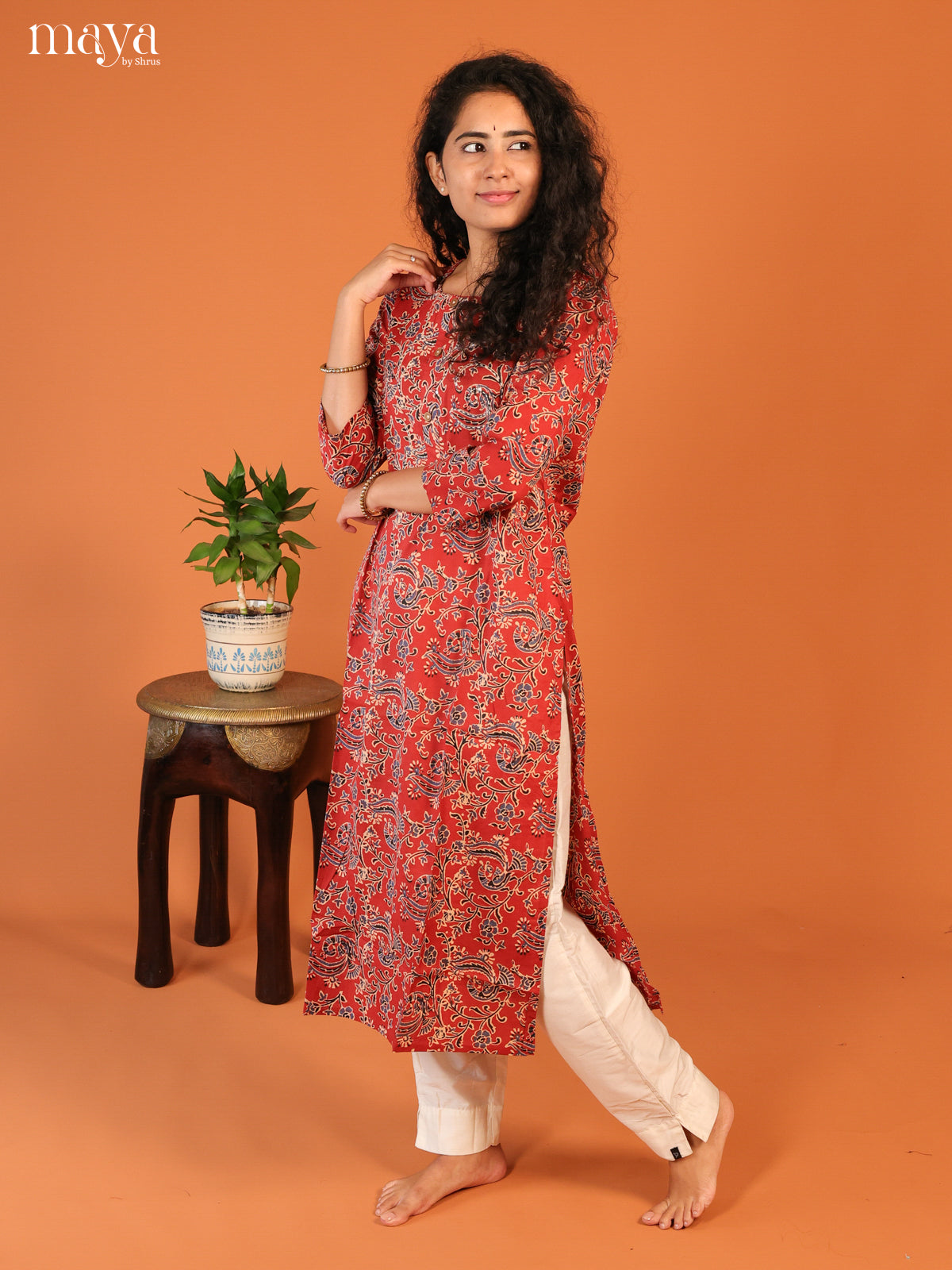 Maroon Floral Printed Cotton Kurti