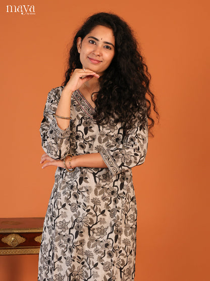 Grey Floral Printed Cotton Kurti