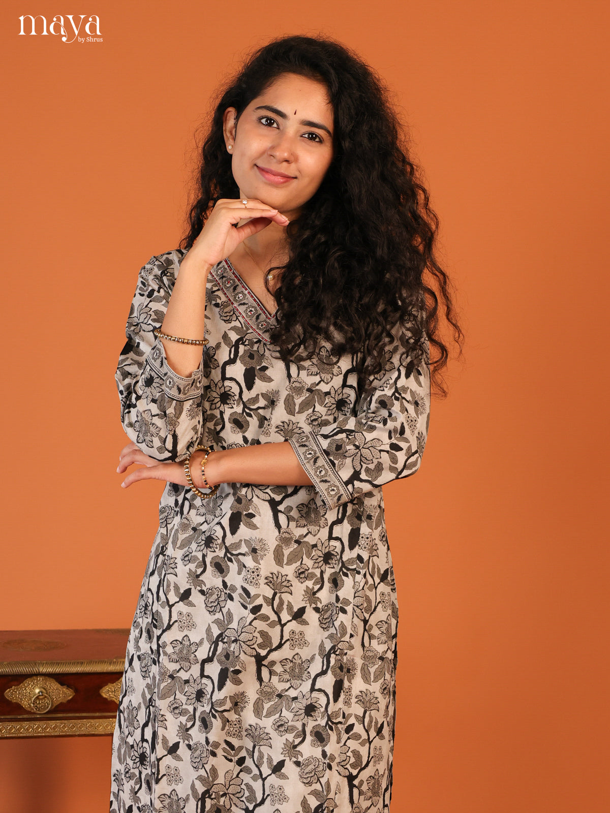 Grey Floral Printed Cotton Kurti