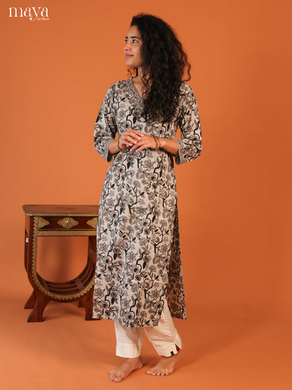 Grey Floral Printed Cotton Kurti