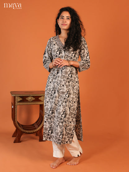 Grey Floral Printed Cotton Kurti