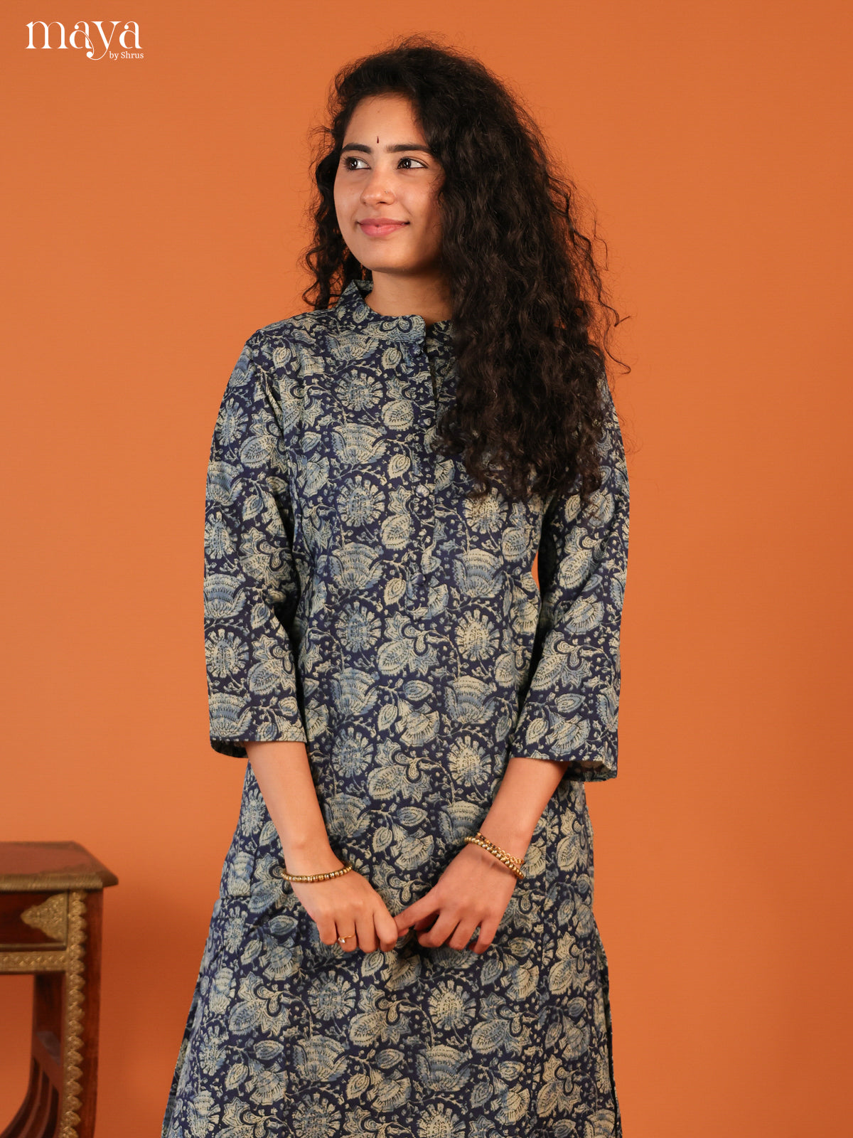 Blue Floral Printed Cotton Kurti