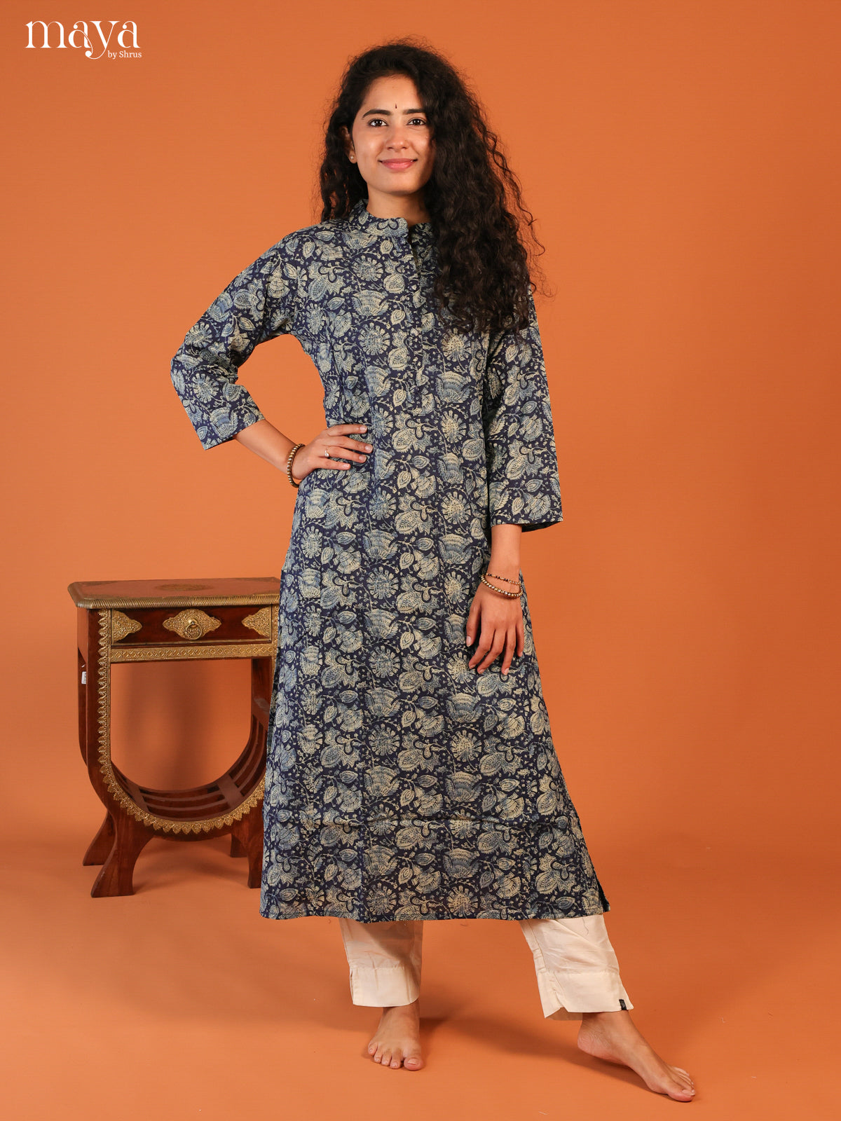 Blue Floral Printed Cotton Kurti