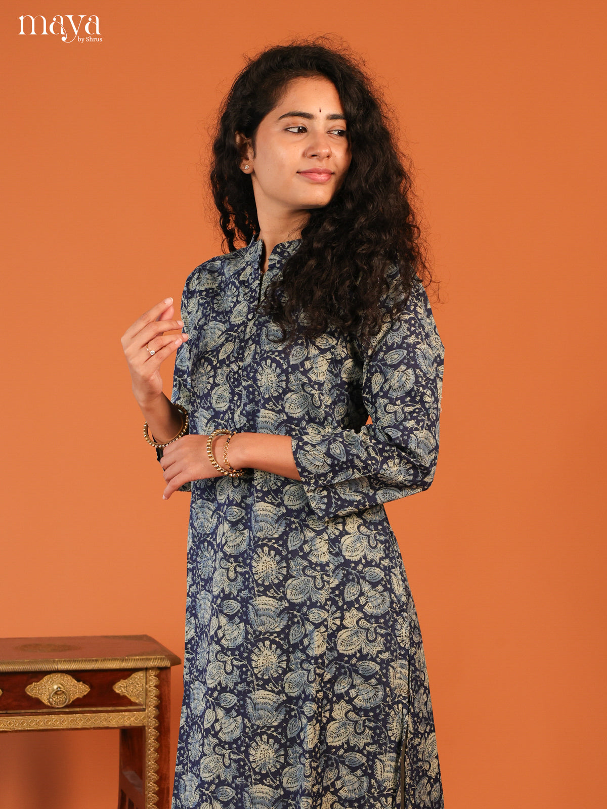 Blue Floral Printed Cotton Kurti