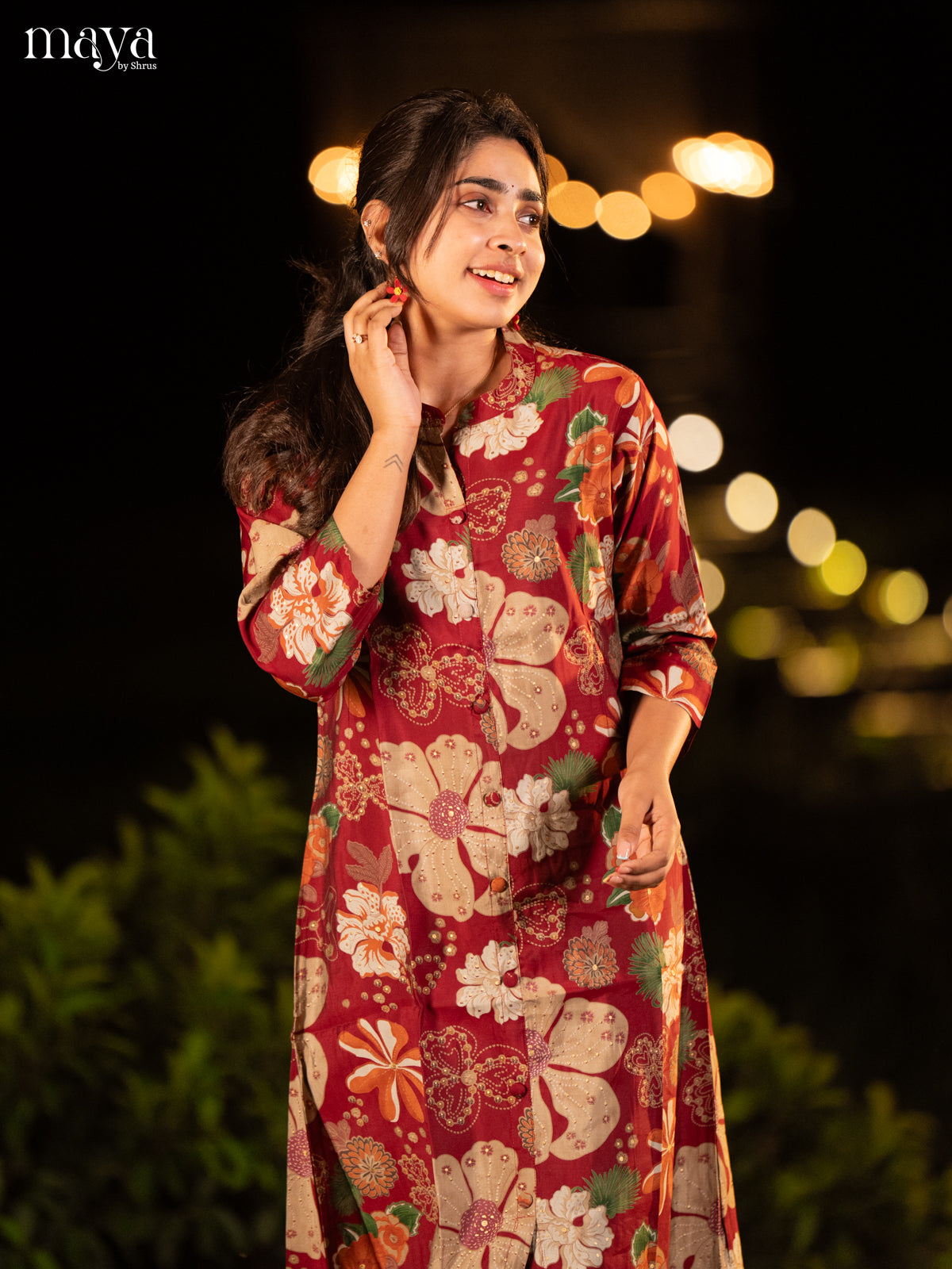 Floral Printed Maroon Rayon Kurti