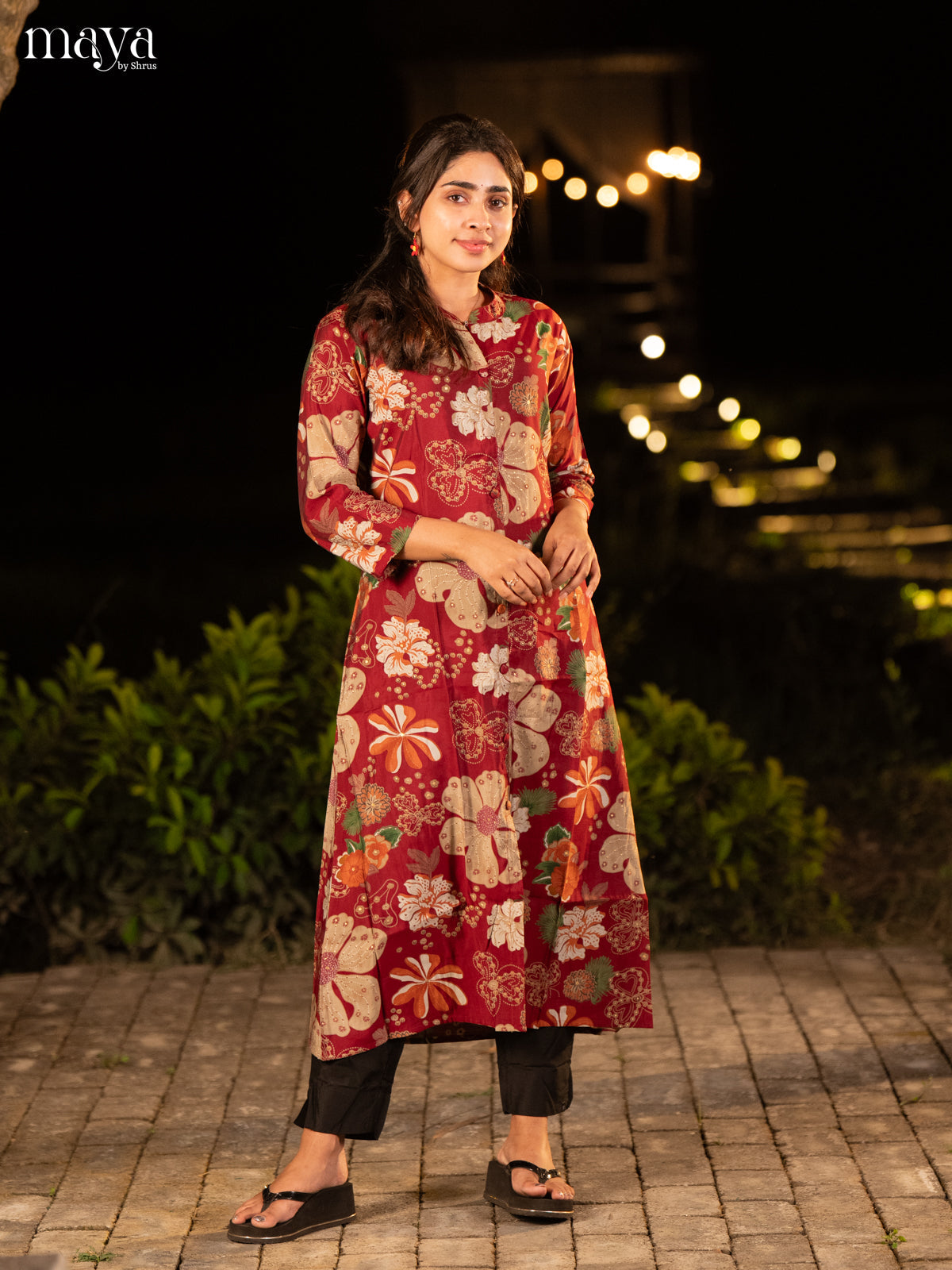 Floral Printed Maroon Rayon Kurti