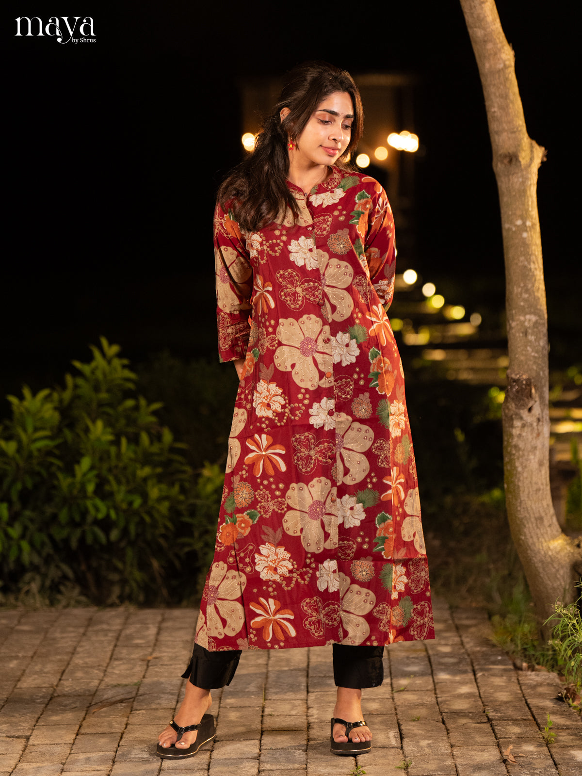 Floral Printed Maroon Rayon Kurti