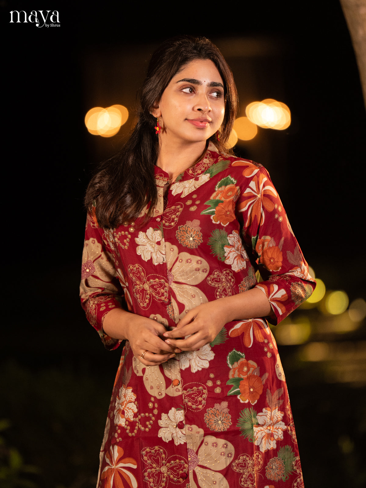 Floral Printed Maroon Rayon Kurti