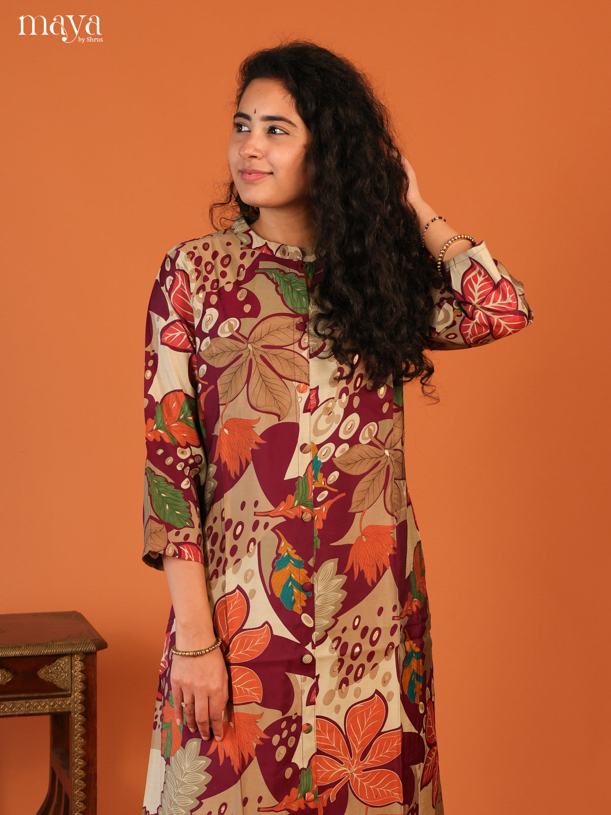Floral Printed Maroon Rayon Kurti