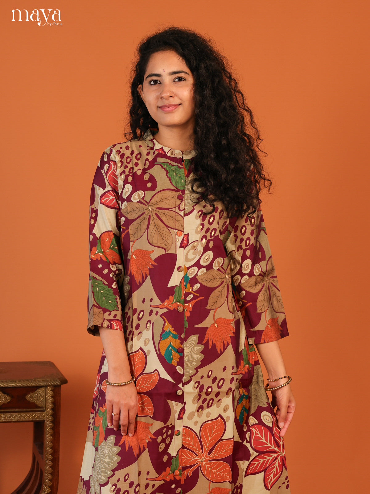 Floral Printed Maroon Rayon Kurti