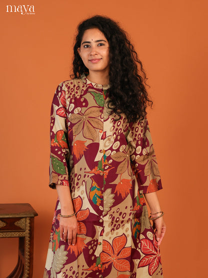 Floral Printed Maroon Rayon Kurti