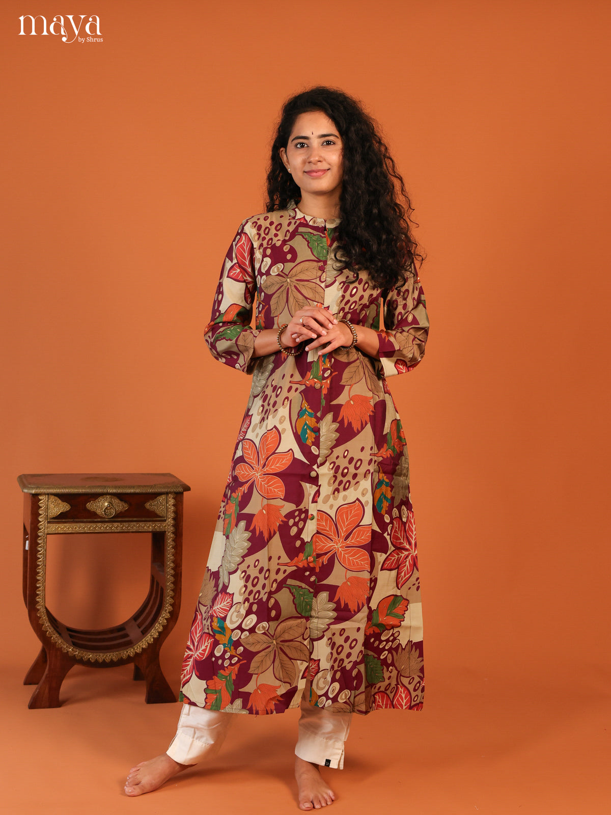 Floral Printed Maroon Rayon Kurti