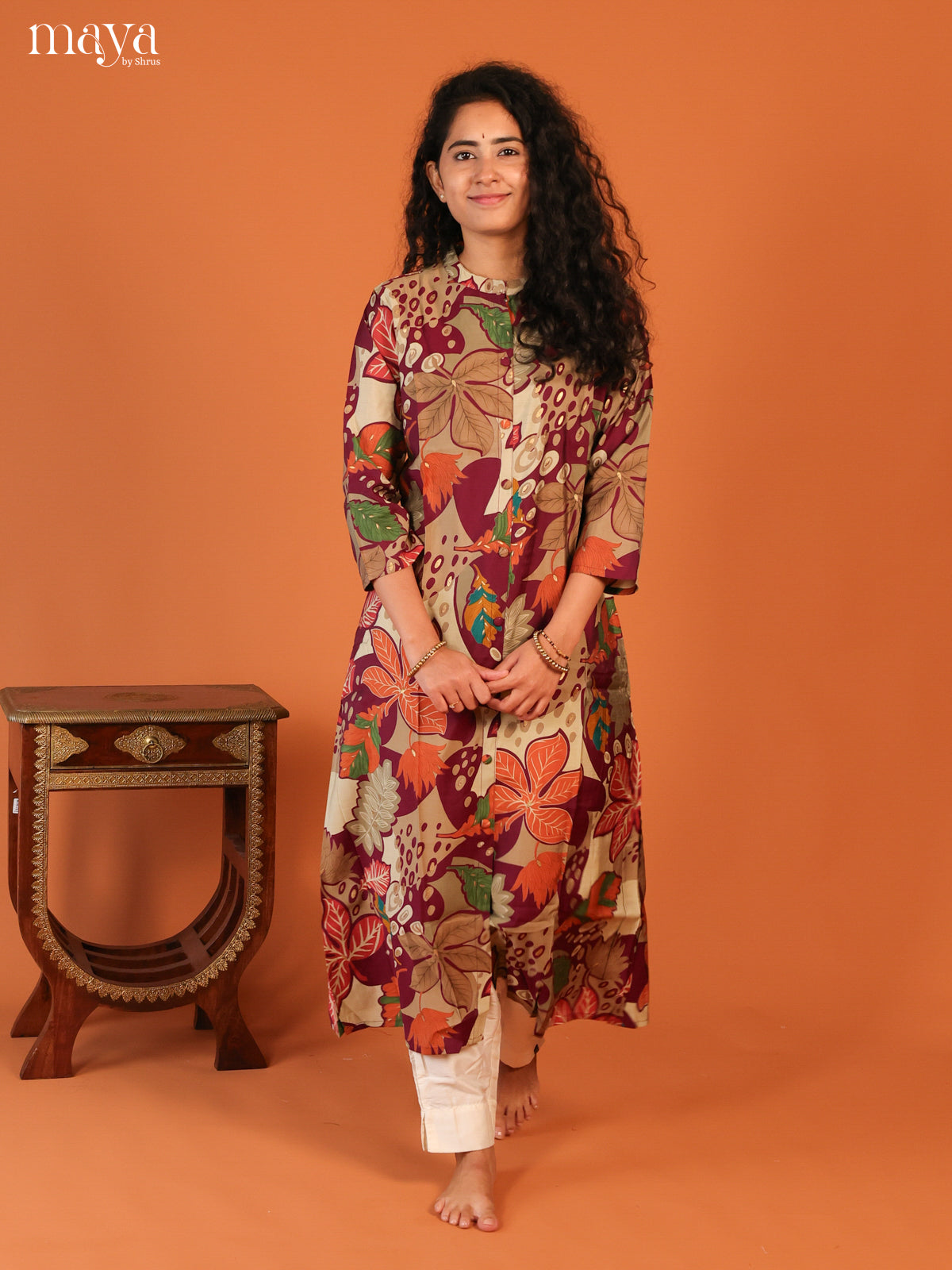 Floral Printed Maroon Rayon Kurti