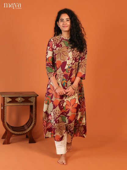 Floral Printed Maroon Rayon Kurti