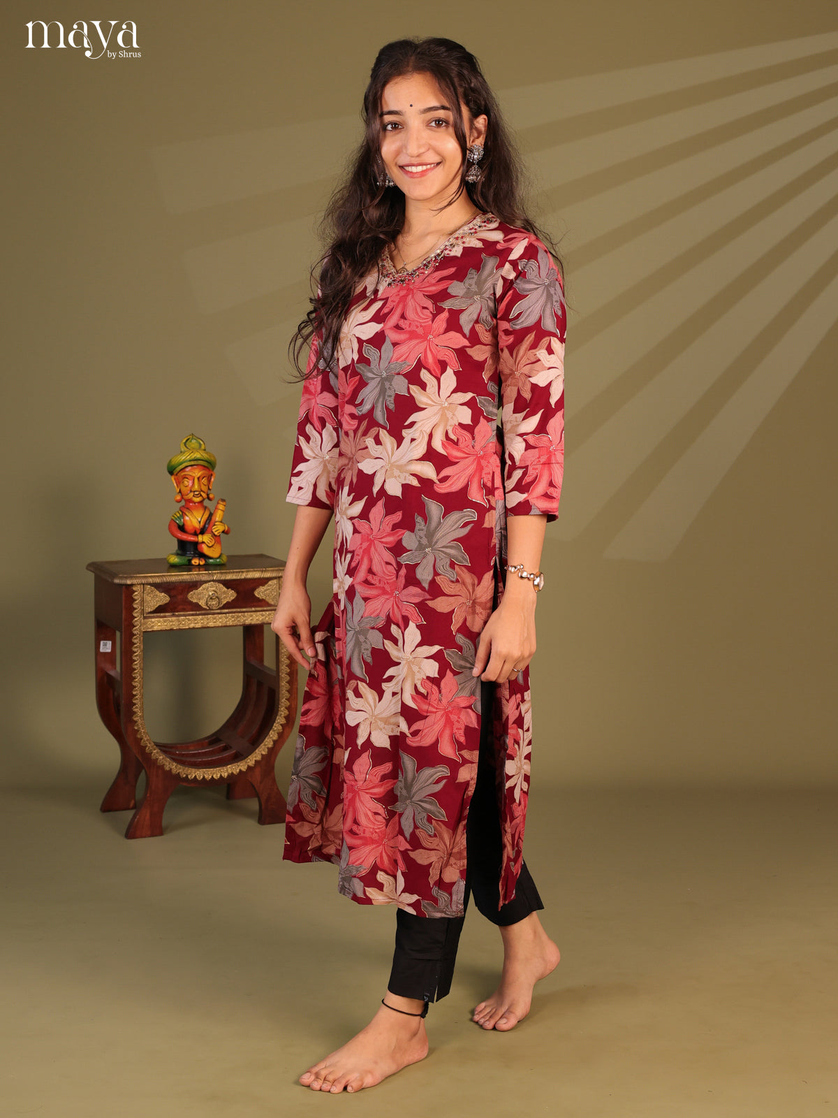 Maroon Floral Printed Rayon Kurti