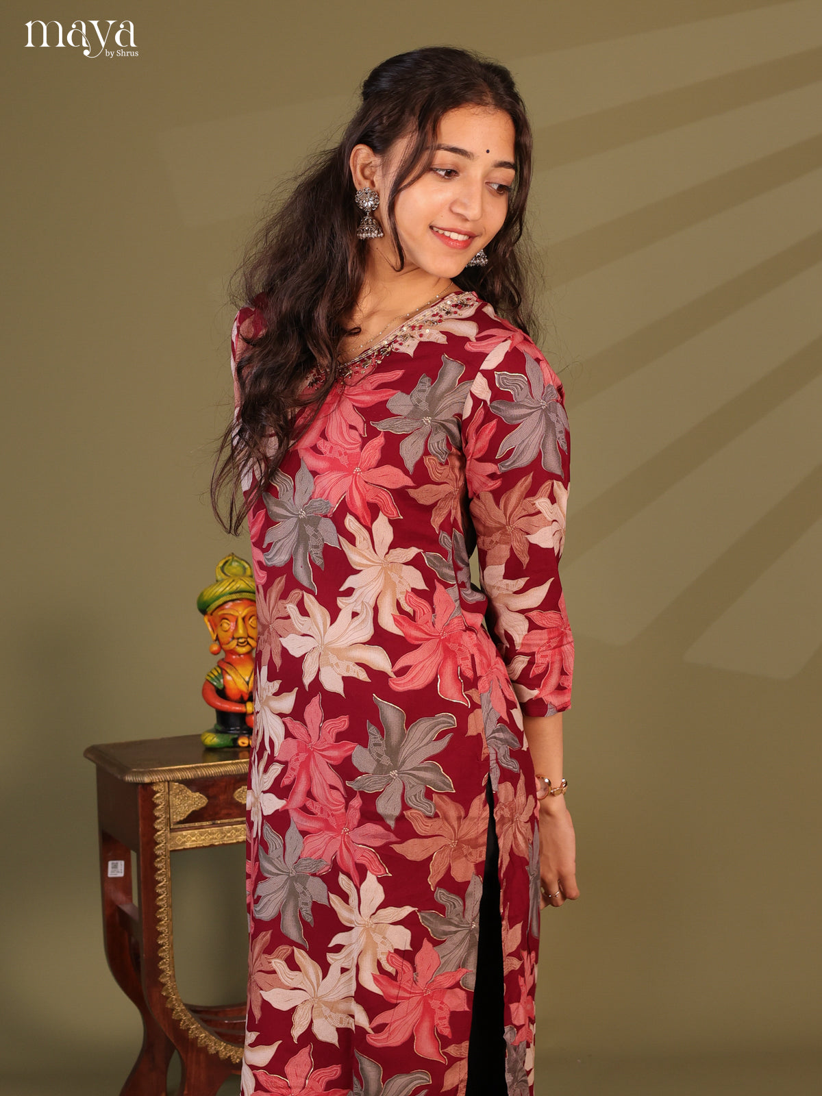 Maroon Floral Printed Rayon Kurti
