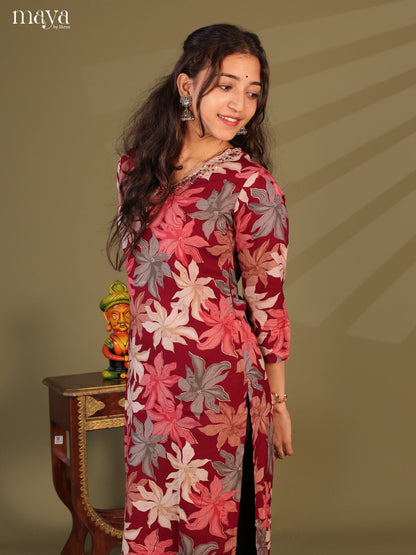 Maroon Floral Printed Rayon Kurti
