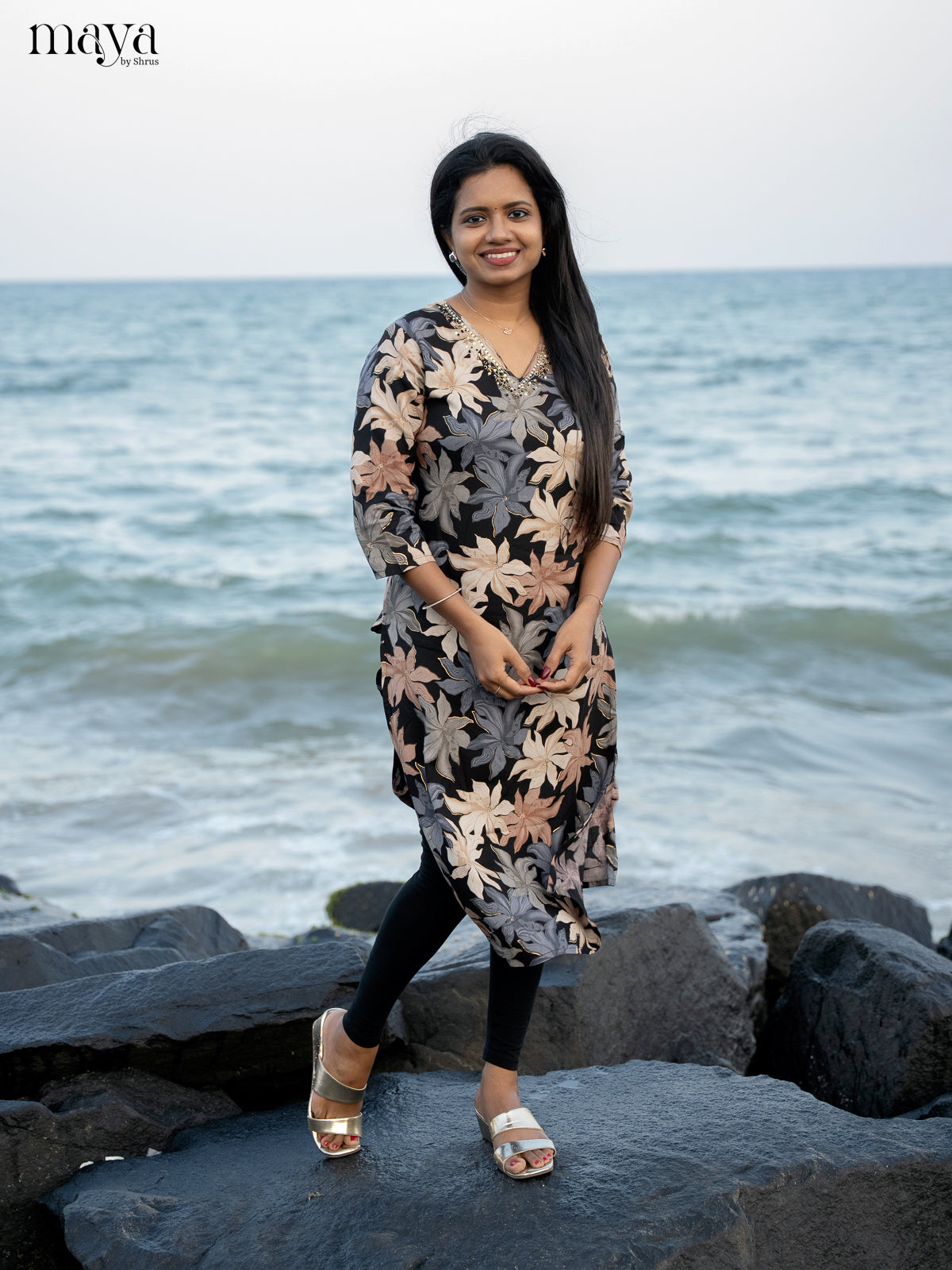 Black Floral Printed Rayon Kurti