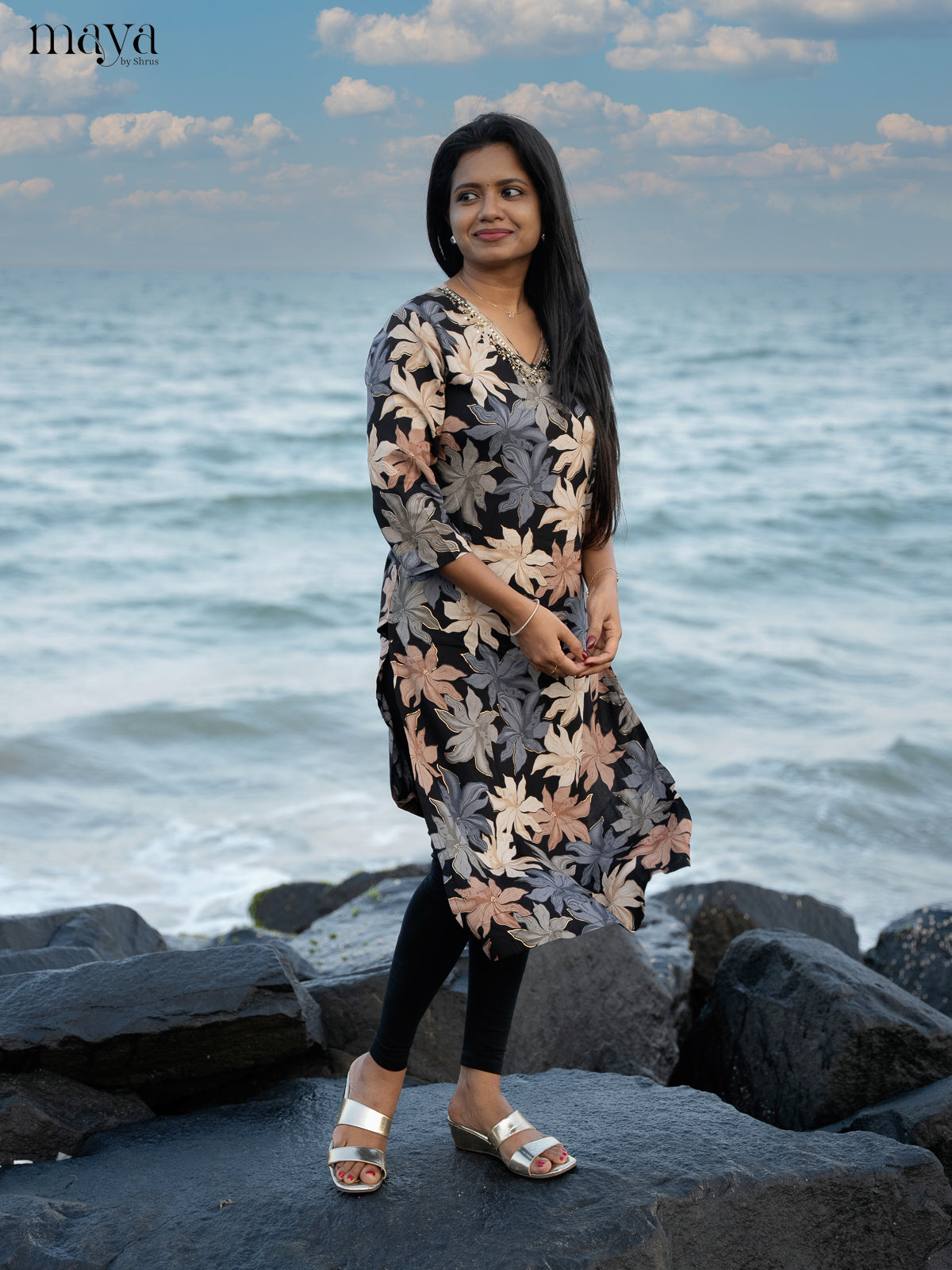 Black Floral Printed Rayon Kurti