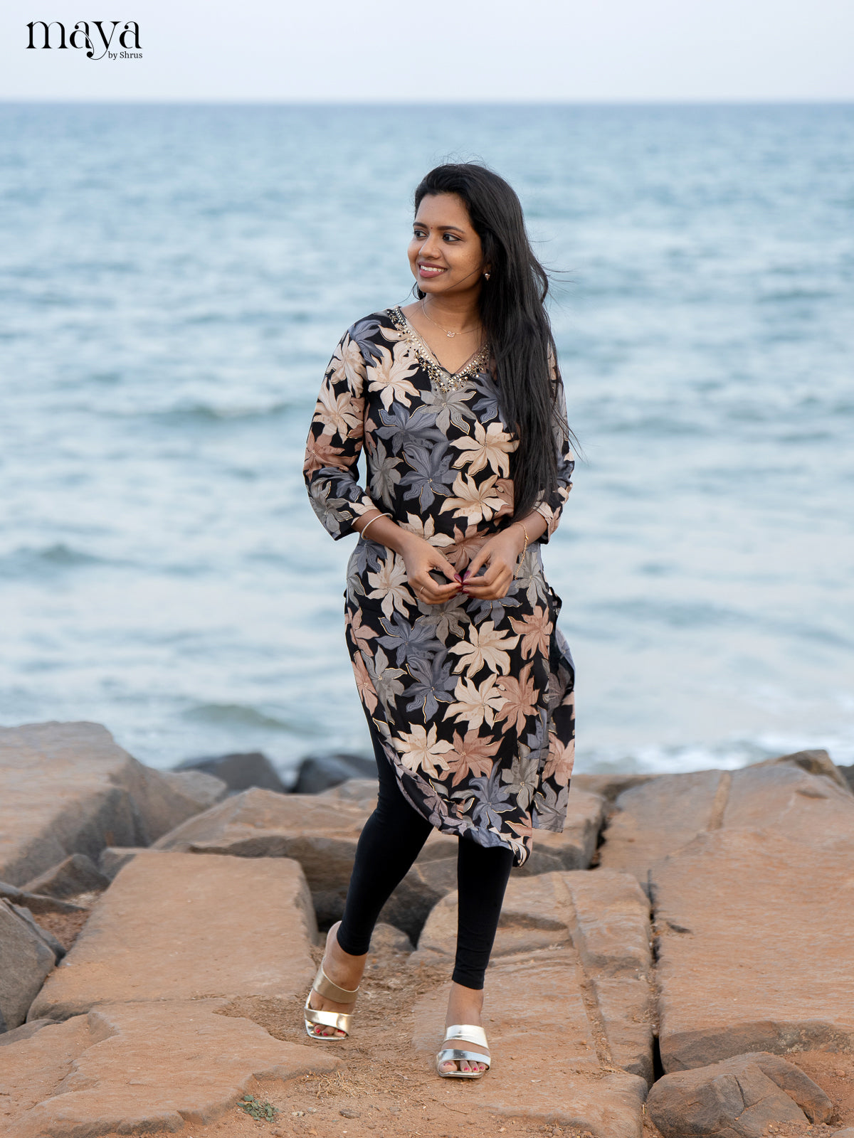 Black Floral Printed Rayon Kurti