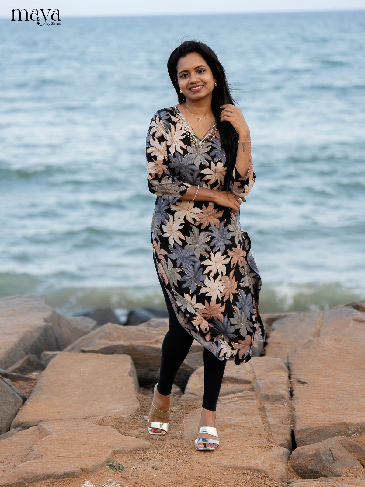Black Floral Printed Rayon Kurti