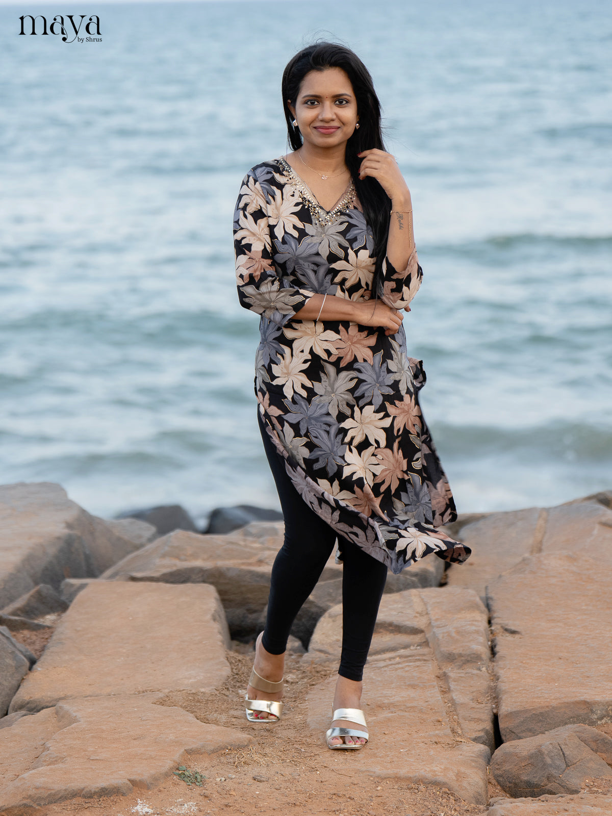 Black Floral Printed Rayon Kurti